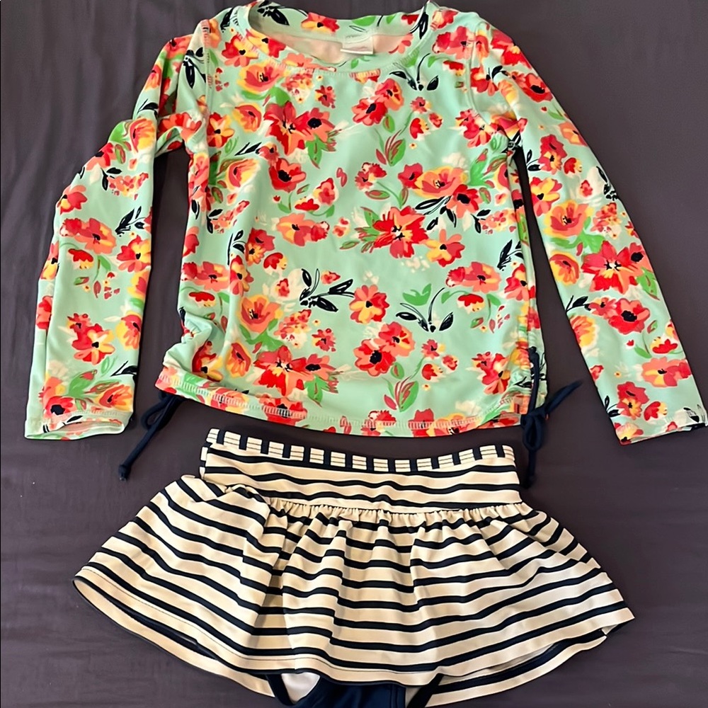 Ruffle Butts Floral and Striped Kids Swim Rashguard Set